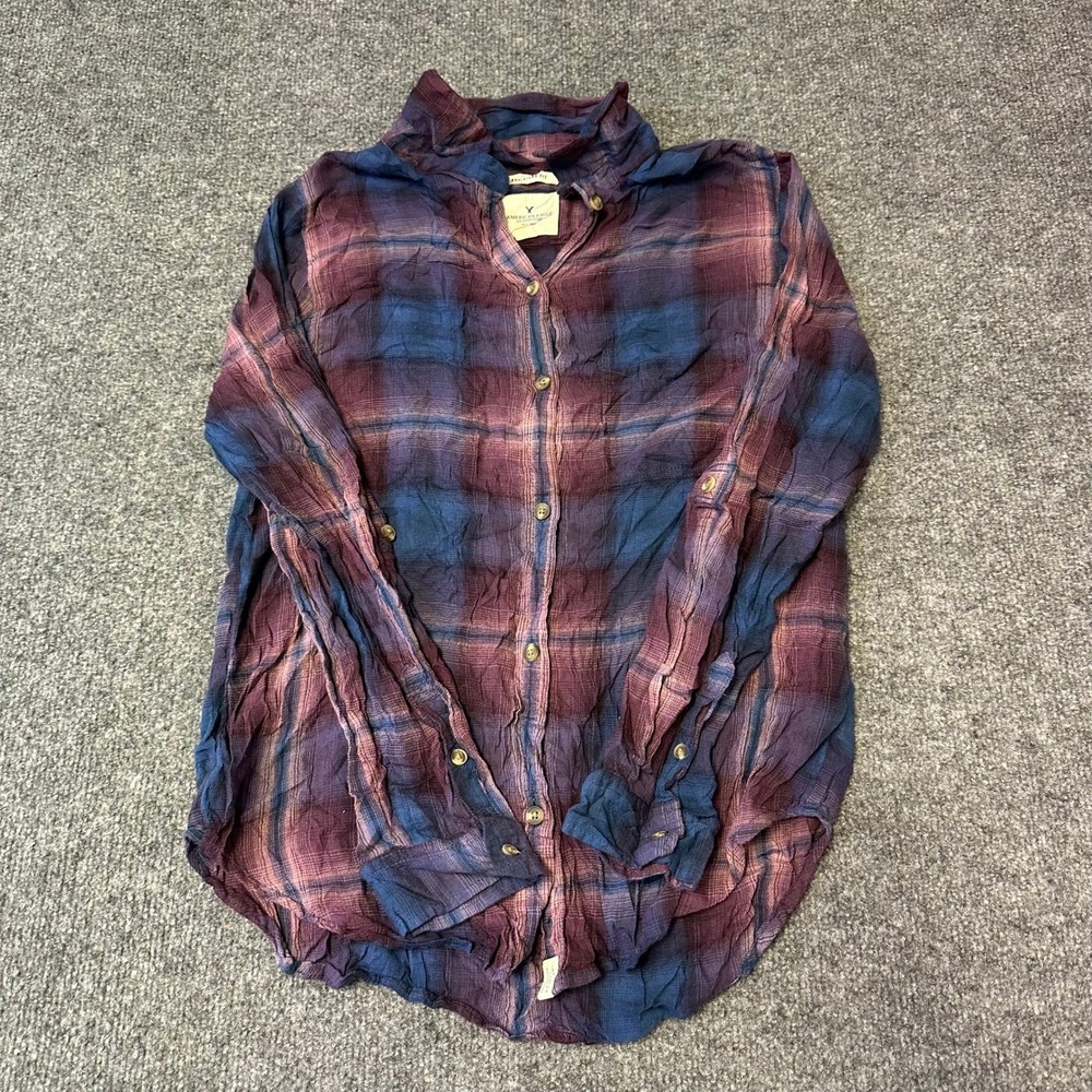 American Eagle Shirt Womens Size S Purple Blue Plaid Boyfriend Fit Roll Tab Long